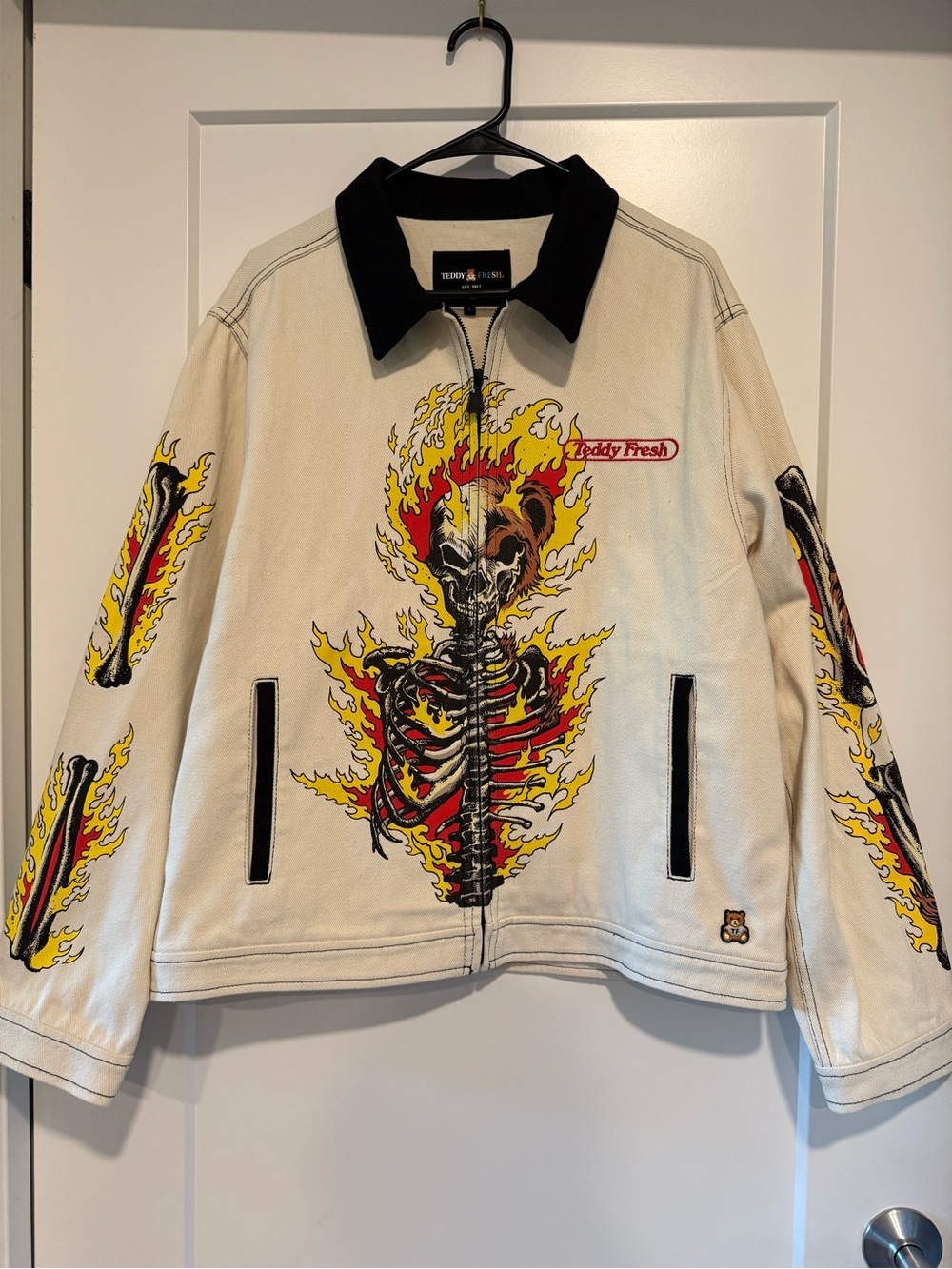 Teddy Fresh Cream Jacket with Black Collar and Red-Yellow Flame Skeleton